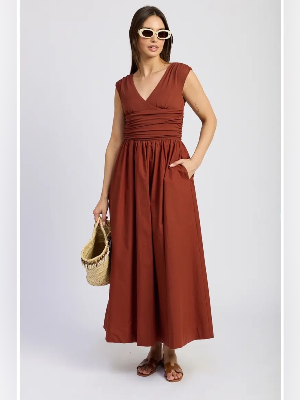 En Saison Emma Rust Ruched Midi Dress S Cotton Surplice V-Neck Fall Boho